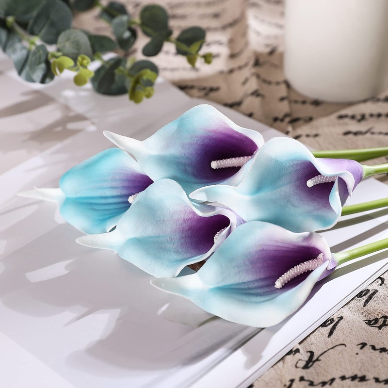 Duovlo 20pcs Calla Lily Bridal Wedding Bouquet Lataex Real Touch Artificial Flower Home Party Decor (Purple in Blue) - Image 5
